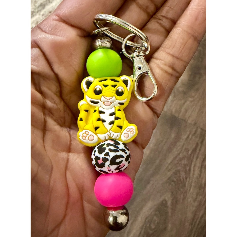 Handmade Beaded Tiger Keychain Neon Pink Green Leopard Print Charm Bag Accessory
